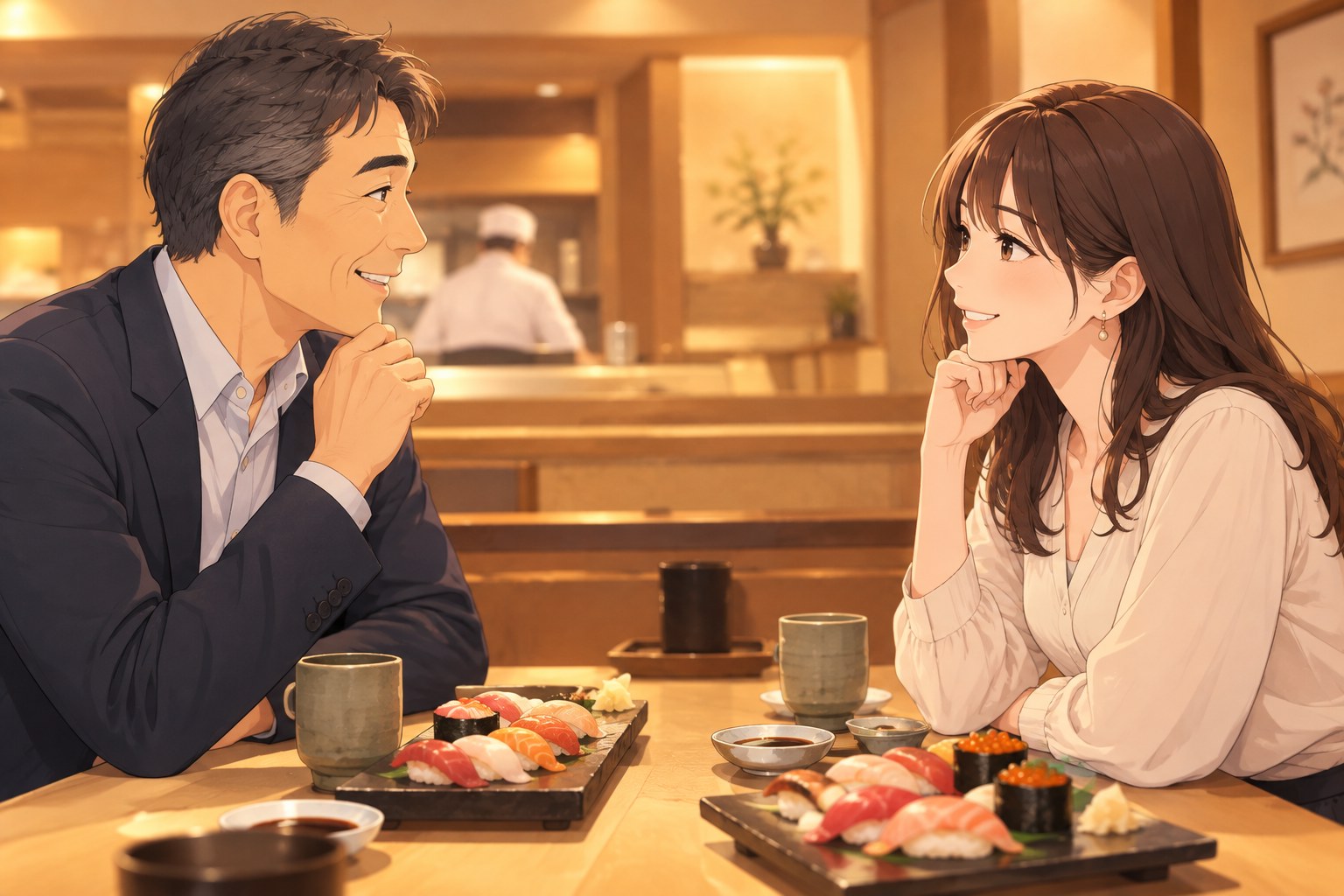 でーちゃんとの2回目のデートで寿司店で向かい合って会話する男女